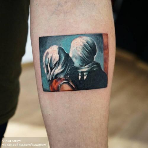 By Ksu Arrow, done in Moscow. http://ttoo.co/p/34148 art;belgium;contemporary;europe;facebook;inner forearm;ksuarrow;location;medium size;patriotic;rene magritte;the lovers;twitter