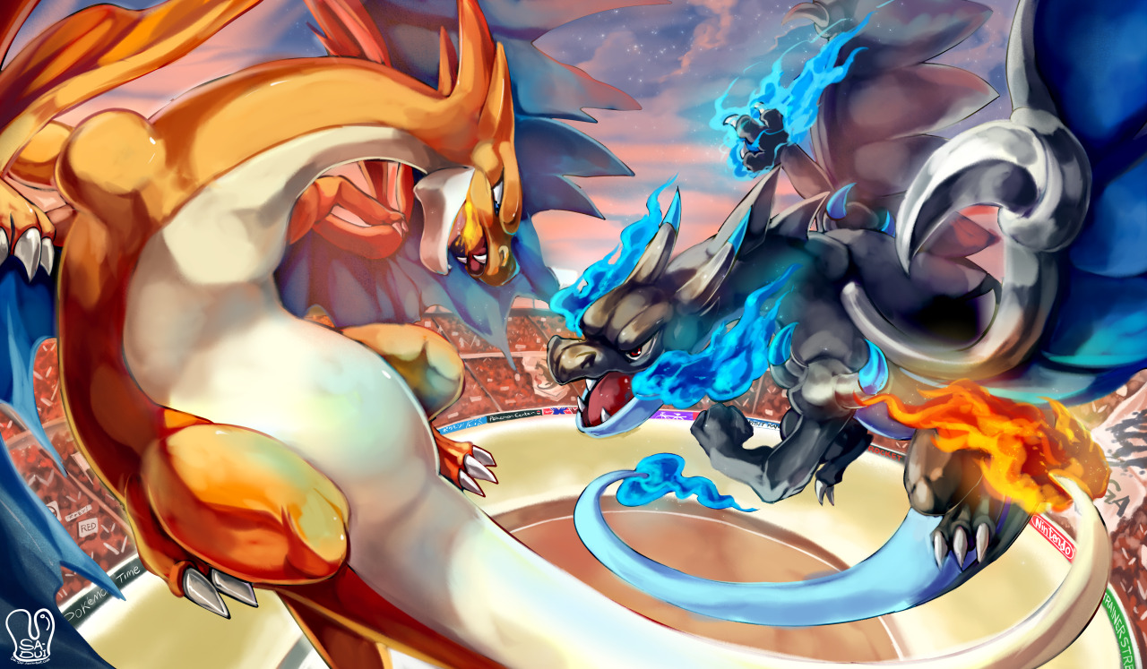 Sa Dui Pokemon Fan Art Mega Charizard X Vs Mega