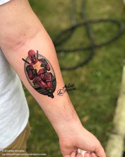 By Andrea Morales, done in Gijón. http://ttoo.co/p/34782 andreamorales;deadpool;facebook;fictional character;film and book;inner forearm;marvel character;marvel;medium size;patriotic;realistic;twitter;united states of america