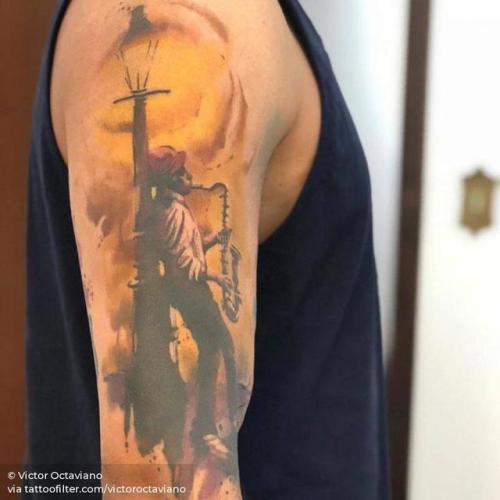 By Victor Octaviano, done at Puros Cabrones Tattoo, Santo André.... big;facebook;jazz;lighting;music instrument;music;other;saxophone;streetlight;twitter;upper arm;victoroctaviano;watercolor