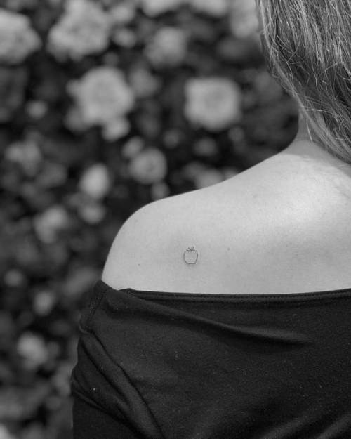 By Wicky Nicky, done at West 4 Tattoo, Manhattan.... apple;small;vegan;micro;line art;wickynicky;tiny;food;ifttt;little;nature;shoulder blade;minimalist;fruit;other;fine line