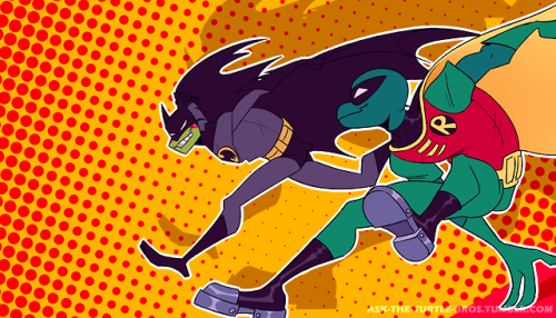 ask-the-turtle-bros:Leo and Mikey as Batman and Robin~f2u with...