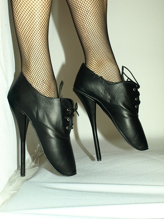 Latex High Heels, Black natural leather ballet heels tied...