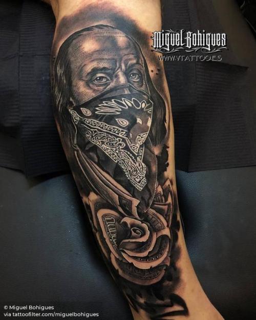 By Miguel Bohigues, done at 26th Tattoo Convention Frankfurt,... benjamin franklin;big;black and grey;character;facebook;inner arm;miguelbohigues;patriotic;portrait;twitter;united states of america