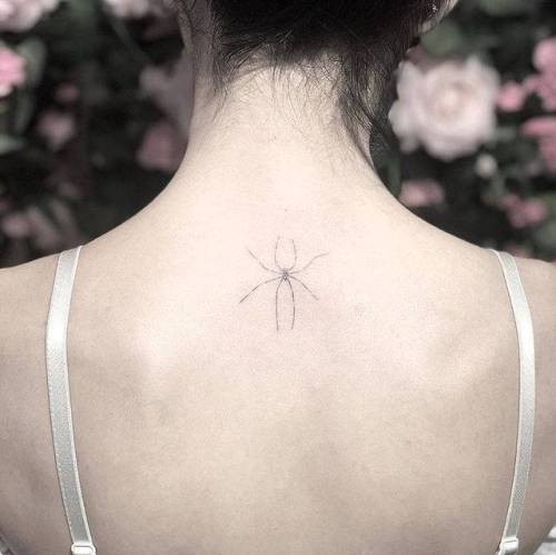 By Chang, done at West 4 Tattoo, Manhattan.... fine line;small;chang;line art;spider;arachnid;animal;tiny;ifttt;little;upper back