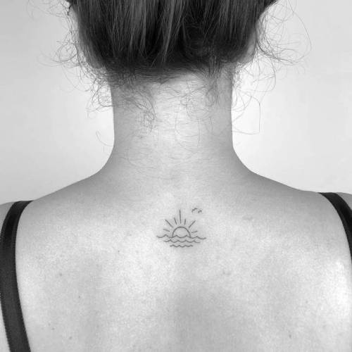 By Cagri Durmaz, done in Istanbul. http://ttoo.co/p/36365 small;sunset;micro;line art;tiny;cagridurmaz;ifttt;little;nature;upper back;minimalist;ocean;sea;fine line