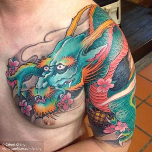 By Orient Ching, done at Orient Ching Tattoo, Kaohsiung.... ching;neo japanese;big;chest;dragon;facebook;twitter;shoulder;mythology;upper arm