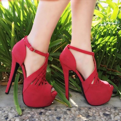 I Deserve New Shoes • Red Caged Peep Toe Platform High Heels Nubuck