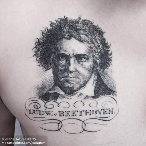 By JeongHwi · Coldgray, done at Cold Gray Tattoo, Seoul.... music;healed;patriotic;chest;jeonghwi;germany;character;facebook;twitter;engraving;portrait;medium size;beethoven;other