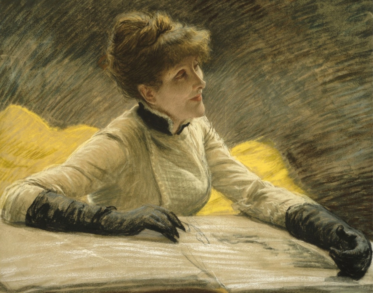 Admiring a Portfolio (c.1883). James Jacques Joseph Tissot (French, 1836-1902). Pastel on linen.
Shows Tissot’s skill at using pastel, and his ability to capture subtle qualities of light and shade. The main light source is behind the sitter,...