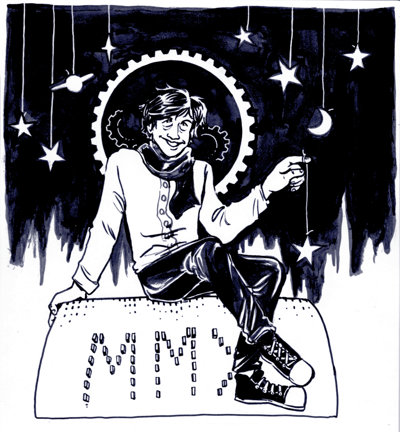 Martin Molin sits on top of a MMX programming plate. Star cutouts hang above him, and one hangs off his finger.