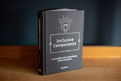 A picture of a black-and-white book cover standing on a wooden surface abd tilted to the side titled Inclusive Components, Accessible web interfaces, piece by piece, written by Heydon Pickering