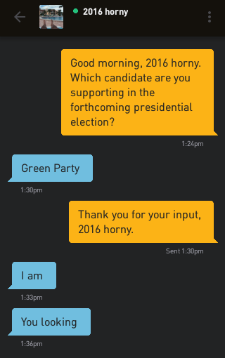 Me: Good morning, 2016 horny. Which candidate are you supporting in the forthcoming presidential election? 2016 horny: Green Party Me: Thank you for your input, 2016 horny. 2016 horny: I am 2016 horny: You looking