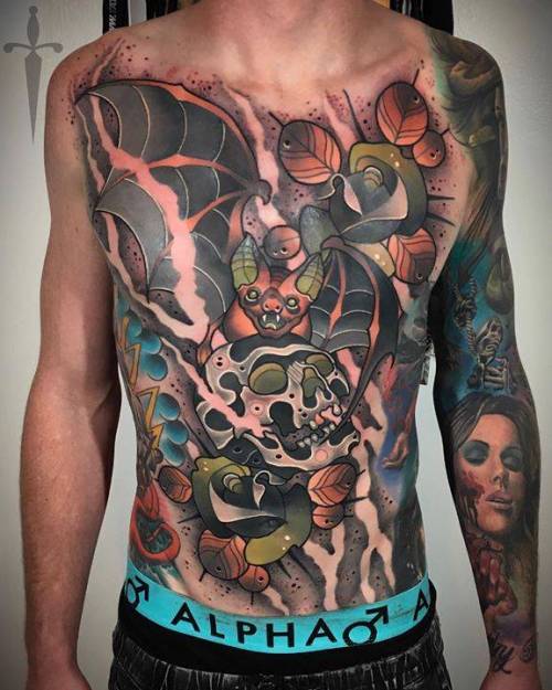 By Matt Curzon, done at Empire Melbourne, Melbourne.... mattcurzon;skull;anatomy;human skull;torso;animal;huge;bat;facebook;twitter;neotraditional
