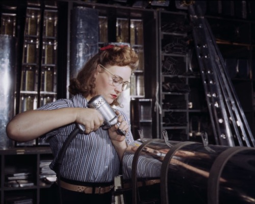 mrsherbet:Colourised photos of women working on aircraft...