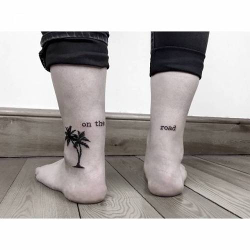 By Alican Görgü, done at Basic Ink, Istanbul.... tree;small;individual matching;matching;tiny;palm tree;ankle;ifttt;little;nature;blackwork;english;achilles;alicangorgu;quotes;illustrative;on the road;english tattoo quotes;languages