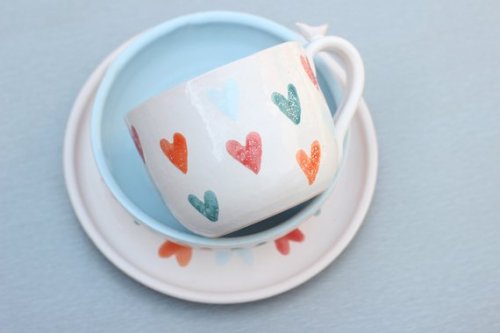 RyabaVoshCeramics ceramics mug mugs handmade ceramic heart rainbow