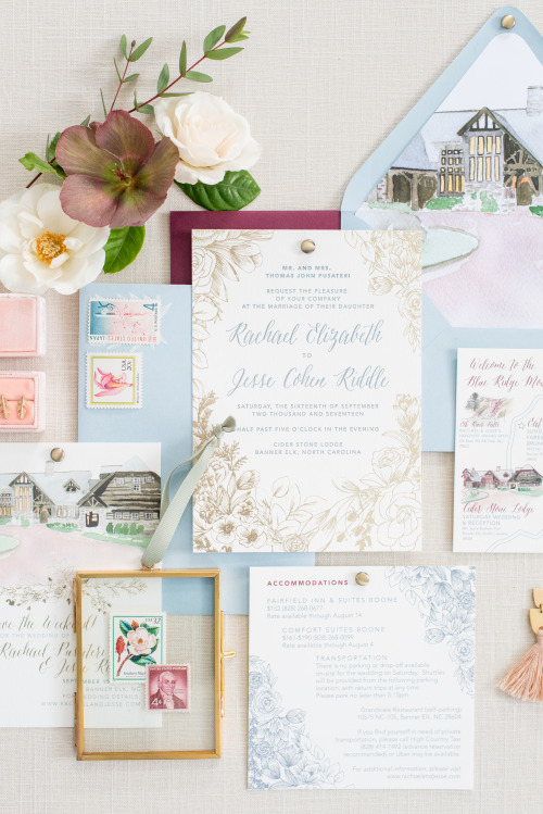 Rachael + Jesse’s lush illustrated foil invitation suite | One and Only Paper Custom Wedding Invitations
