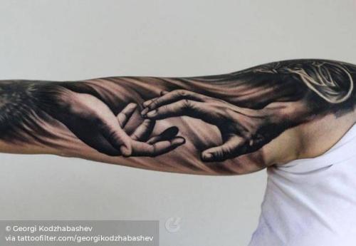 By Georgi Kodzhabashev, done at GK Tattoo Studio, Sofia.... anatomy;big;black and grey;facebook;georgikodzhabashev;hand;holding hands;love;twitter;upper arm