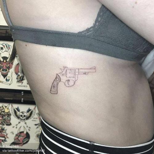 By Joey Hill, done at High Seas Tattoo Parlor, Los Angeles.... small;single needle;revolver;line art;rib;tiny;joeyhill;ifttt;little;medium size;gun;weapon;fine line