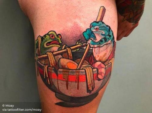 By Moay, done at 48920 Tattoo Shop, Portugalete.... toad;amphibian;moay;ramen;patriotic;big;japanese culture;animal;food;thigh;facebook;twitter;new school