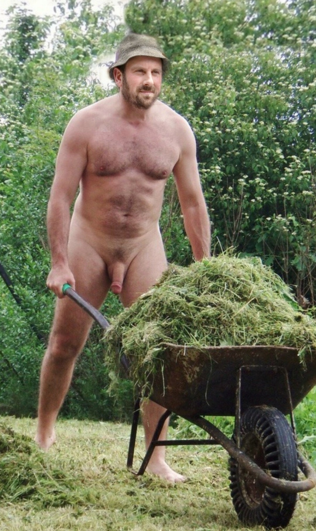 Naked men gardening.