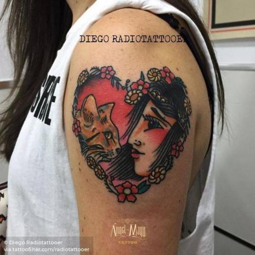 By Diego Radio Tattoo, done at Ángel de Mayo Tattoo, Alcalá de... heart;traditional;love;facebook;twitter;radiotattooer;medium size;upper arm