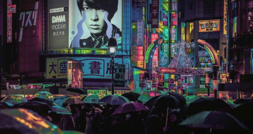 Art by Liam Wong cyberpunk Korea Seoul cyberfashion science fiction in reality rain smog megacity holidays neon lights umbrella