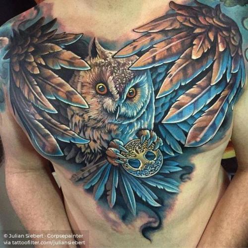 By Julian Siebert · Corpsepainter, done at 23rd Milano Tattoo... owl;torso;animal;huge;bird;facebook;realistic;twitter;juliansiebert
