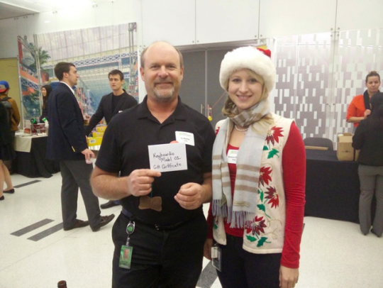 December appearance at the Computer History Museum - the lucky winner of a Keyboardio Model 01 ornament & gift certificate, with event organizer Veronica