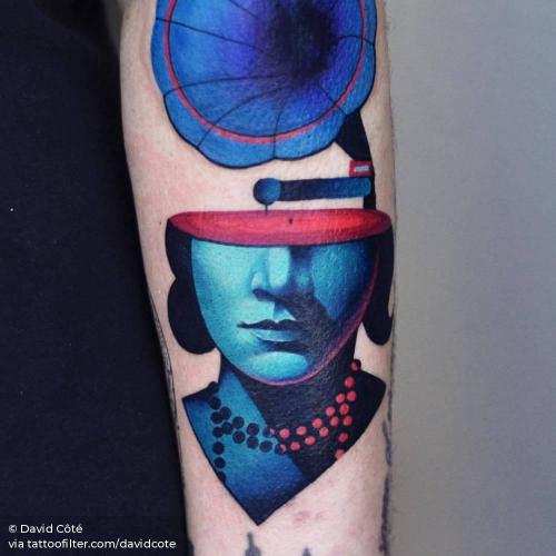 By David Côté, done at Imperial Tattoo Connexion, Montreal.... big;contemporary;davidcote;facebook;forearm;gramophone;music;surrealist;twitter
