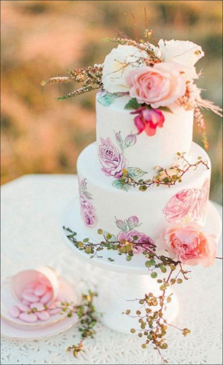 2 tier wedding cake with painted flowers by Sweet Deer Hand...
