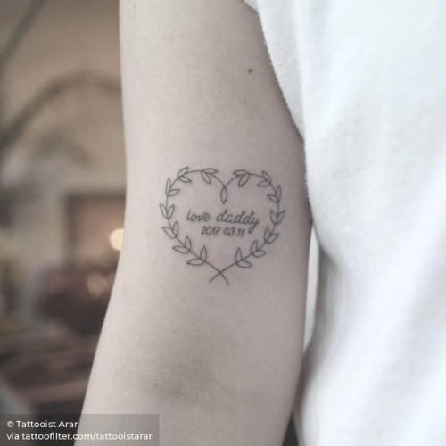 By Tattooist Arar, done in Seoul. http://ttoo.co/p/29163 flower;tattooistarar;small;laurel;single needle;bicep;family;heart;line art;memorial;flower wreath;love;facebook;nature;twitter;minimalist;fine line