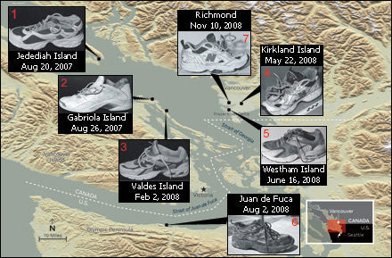 kipkinkel:
“The Case of the Disembodied Feet (Unsolved)Since August 2007, five human feet have washed ashore near Vancouver, British Columbia. No bodies, no heads, no clothes, just feet (4 left, 1 right), nearly all still clad in sneakers. Canadian...