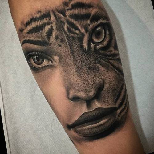 By Samuel Rico, done at Shany Tattoo, Aranjuez.... black and grey;surrealist;tiger;feline;animal;women;facebook;twitter;samuelrico;portrait;inner forearm;medium size;other
