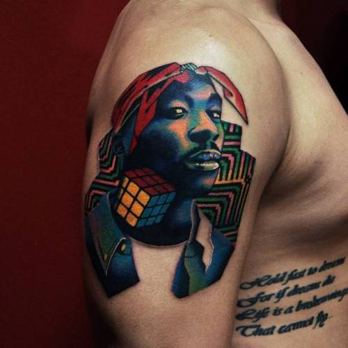 By David Côté, done at Imperial Tattoo Connexion, Montreal.... music;davidcote;patriotic;big;rapper;contemporary;united states of america;character;facebook;twitter;pop art;portrait;tupac;upper arm