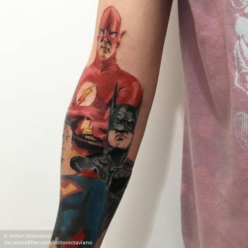 By Victor Octaviano, done at Puros Cabrones Tattoo, Santo André.... fictional character;dc comics;arm;big;flash;half sleeve;superman;watercolor;batman;batman character;facebook;twitter;dc comics character;victoroctaviano;film and book