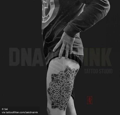By Sei, done at DNA Ink Studio, Dénia. http://ttoo.co/p/32458 seidnaink;dotwork;big;of sacred geometry shapes;mandala;thigh;facebook;twitter;sacred geometry