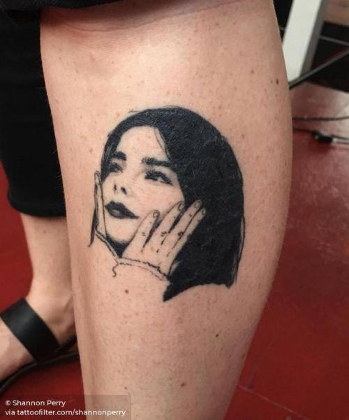 By Shannon Perry, done at Valentine’s Tattoo Co., Seattle.... music;healed;bjork;shin;patriotic;iceland;character;women;facebook;twitter;portrait;shannonperry;medium size;other