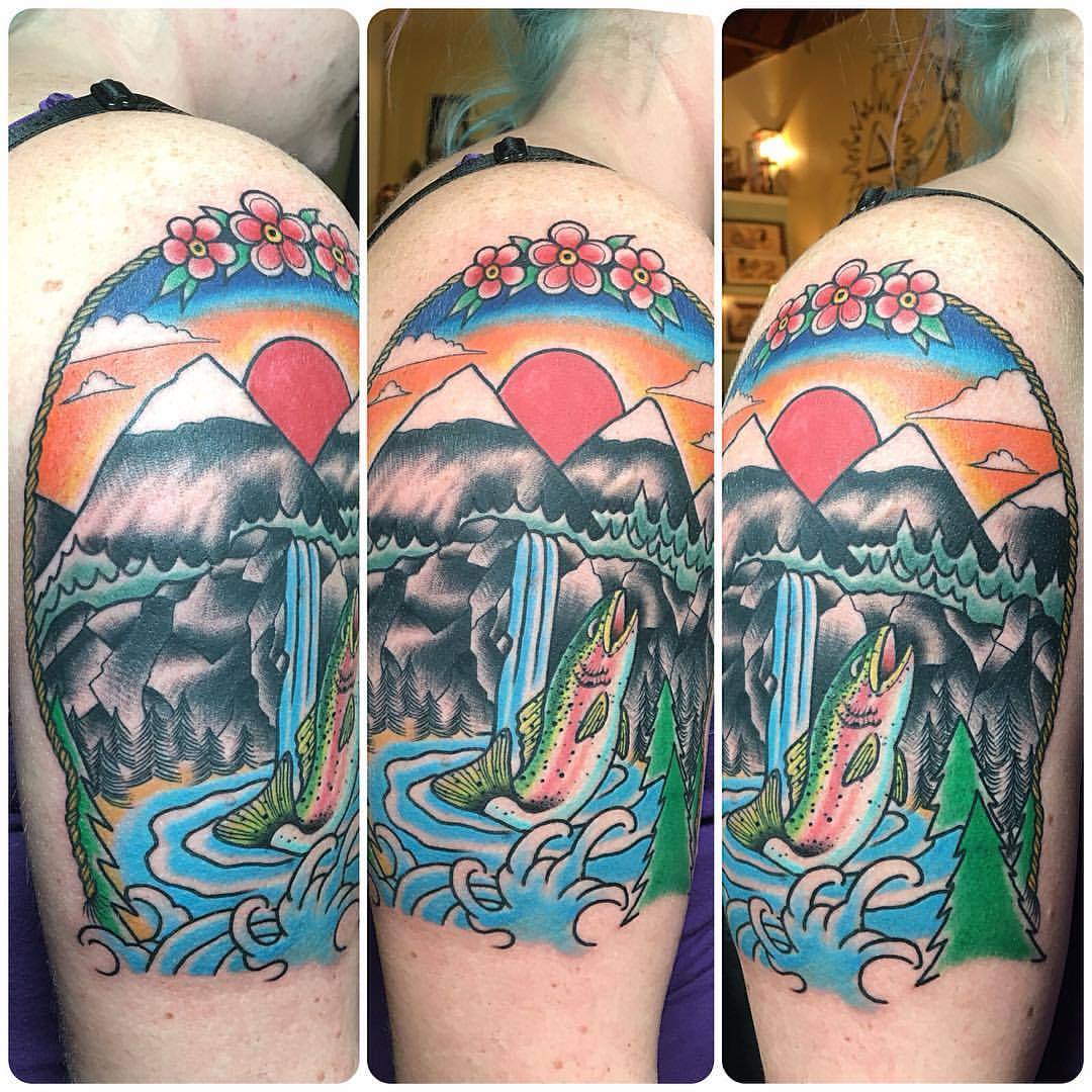 Age Tattoos Traditional Landscape With Rainbow Trout