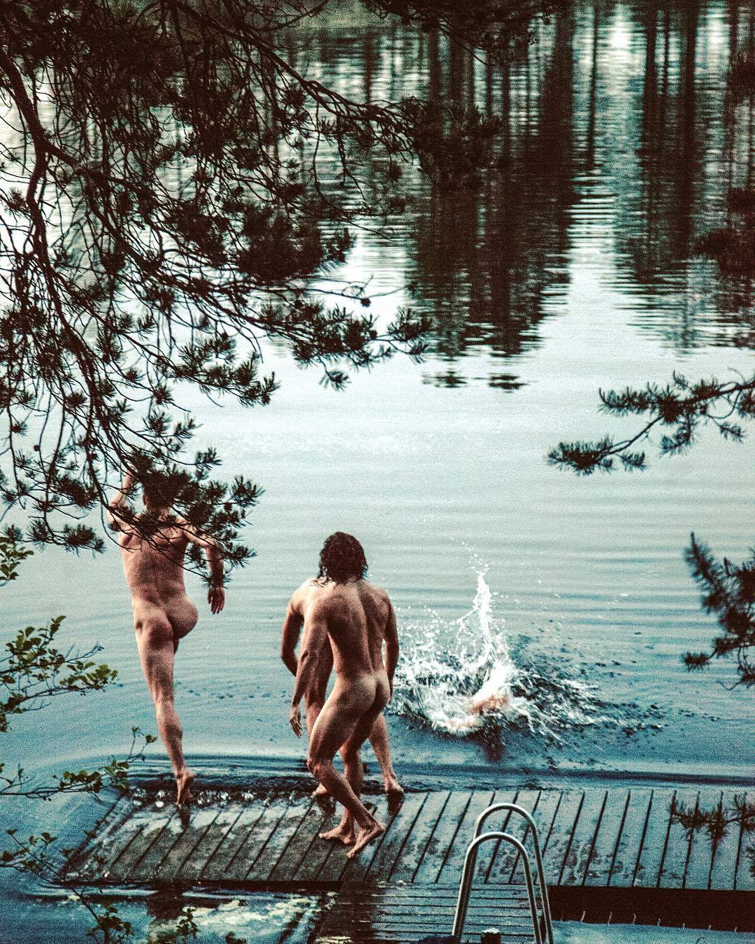 Naked Men Playing In The Pond Art Board Print By Andreasedren