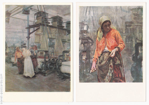 2 vintage postcards about machine weavers, art by N. Kasatkin
Listed on Etsy: https://www.etsy.com/sovietpostcards/listing/524905986/