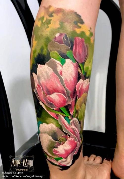 By Ángel de Mayo, done at Ángel de Mayo Tattoo, Alcalá de... angeldemayo;flower;calf;big;facebook;nature;realistic;twitter;magnolia