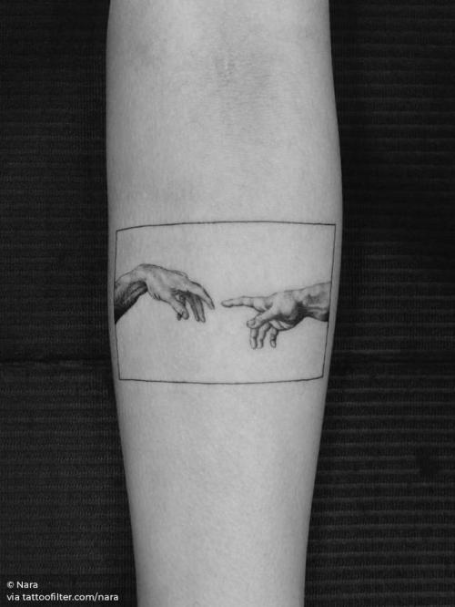 By Nara, done in Moscow. http://ttoo.co/p/204166 art;small;anatomy;single needle;tiny;nara;michelangelo;ifttt;little;location;inner forearm;italy;europe;the creation of adam;hand;patriotic