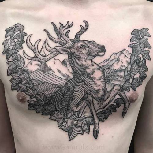 By Sam Rulz, done at Vienna Electric Tattoo, Vienna.... big;deer;animal;chest;samrulz;facebook;twitter;engraving