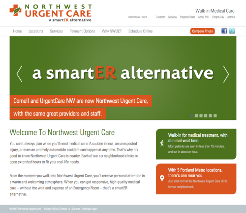 Northwest Urgent Care provides urgent medical attention from their six clinics in northwest Oregon (US).
Responsive site design and speedy load time allows for easy patient access from any device.