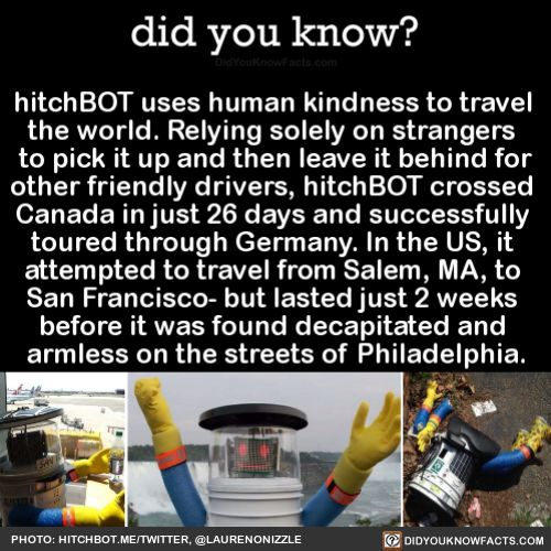 did-you-know:
“hitchBOT uses human kindness to travel the world. Relying solely on strangers to pick it up and then leave it behind for other friendly drivers, hitchBOT crossed Canada in just 26 days and successfully toured through Germany. In the...