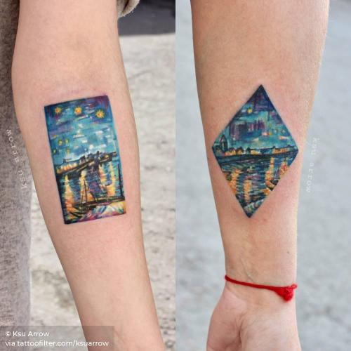 By Ksu Arrow, done in Moscow. http://ttoo.co/p/34108 art;contemporary;europe;facebook;family;inner forearm;ksuarrow;location;matching;netherlands;patriotic;small;starry night over the rhone;twitter;van gogh