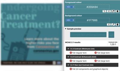 PSA with low vision simulation filter applied – color contrast ratio of 1.25:1 with the word “Undergoing” against the background with teal blue colored PSA