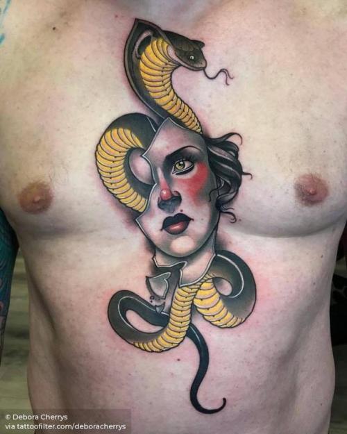 By Debora Cherrys, done at Soul Addiction Tattoo Studio,... cobra;big;animal;chest;deboracherrys;sternum;women;snake;facebook;twitter;other;neotraditional